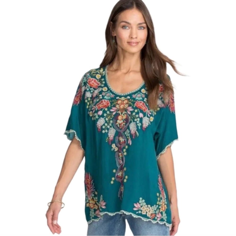 Johnny Was Bellefleur Embroidered Blouse Green Size Small